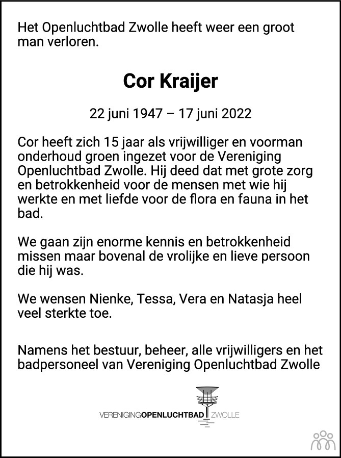 Overlijdensbericht van Cor Kraijer in de Stentor
