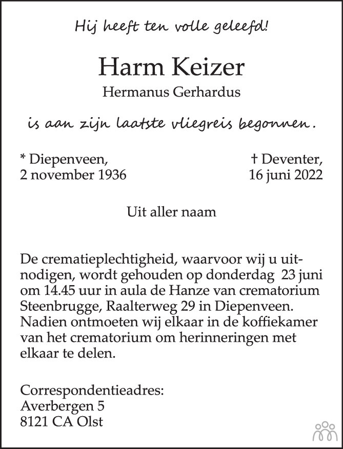 Overlijdensbericht van Harm (Hermanus Gerhardus) Keizer in de Stentor