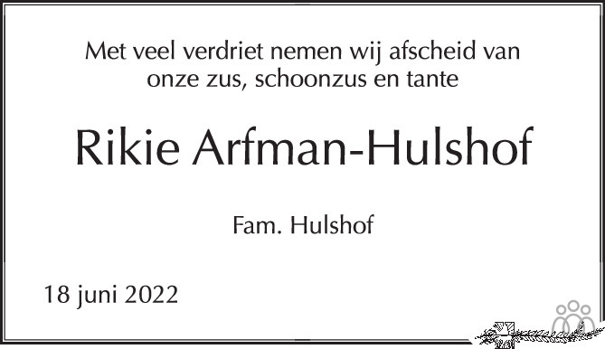 Overlijdensbericht van Riek Arfman-Hulshof in de Stentor