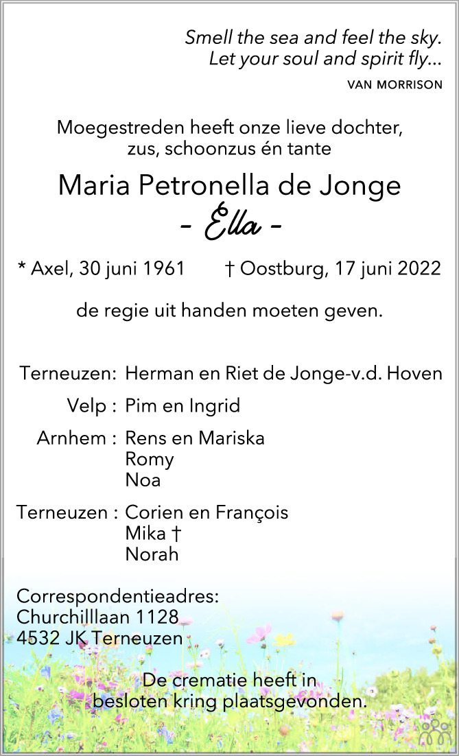 Overlijdensbericht van Maria Petronella (Ella) de Jonge in PZC Provinciale Zeeuwse Courant