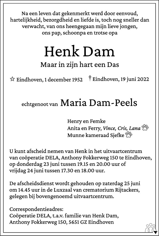 Overlijdensbericht van Henk Dam in Eindhovens Dagblad