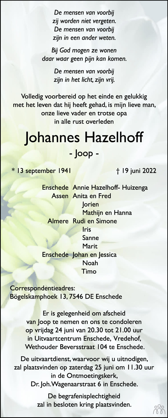 Overlijdensbericht van Johannes (Joop) Hazelhoff in Tubantia