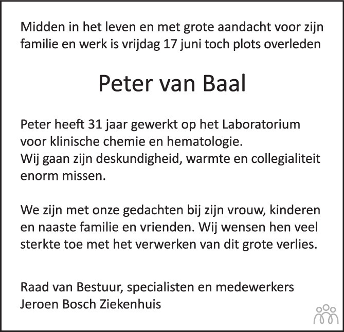 Overlijdensbericht van Peter van Baal in Brabants Dagblad