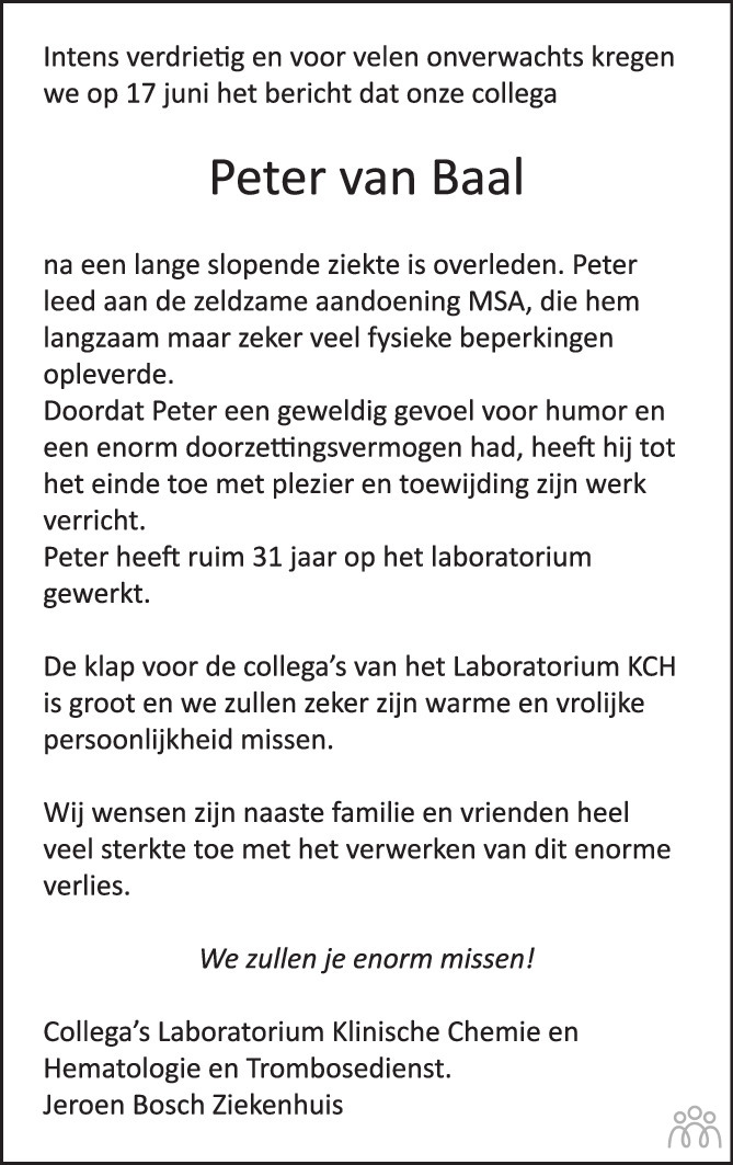 Overlijdensbericht van Peter van Baal in Brabants Dagblad