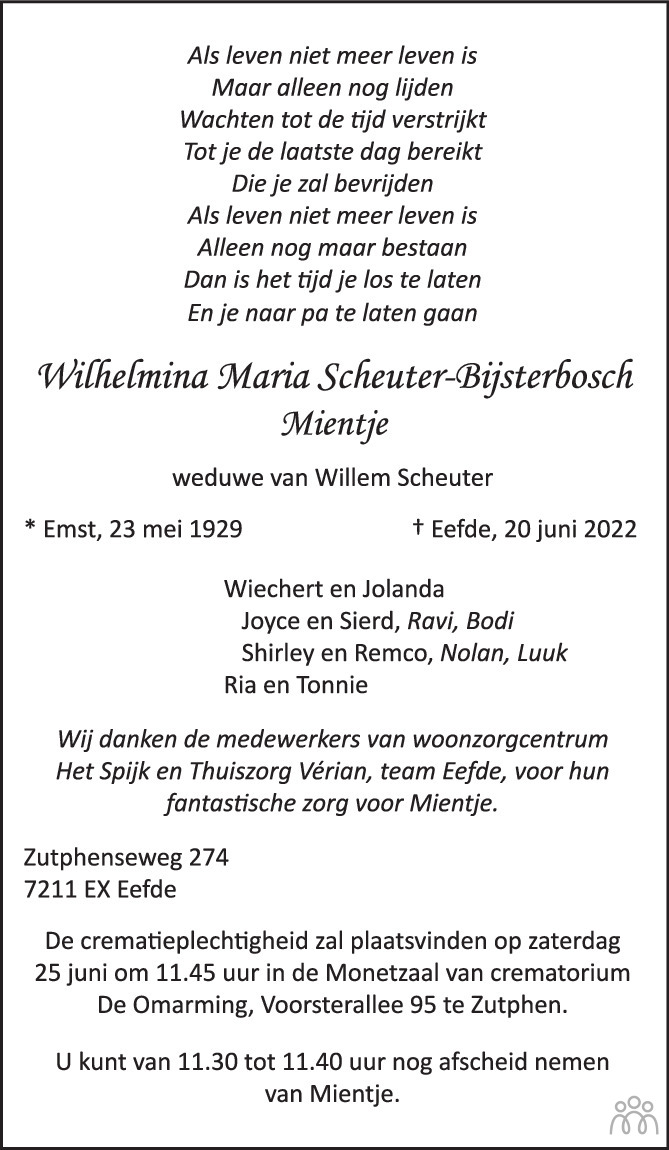 Overlijdensbericht van Wilhelmina Maria (Mientje) Scheuter-Bijsterbosch in de Stentor