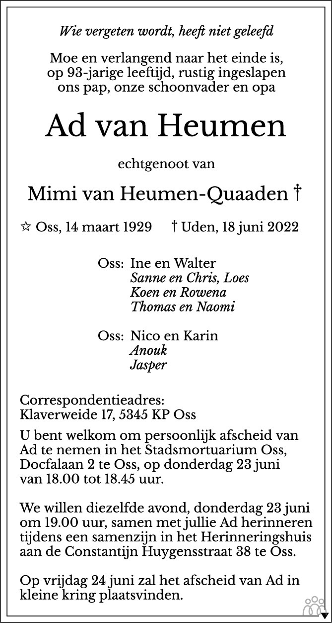 Overlijdensbericht van Ad van Heumen in Brabants Dagblad