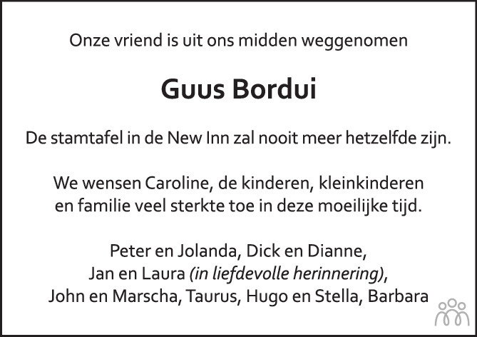 Overlijdensbericht van Gustaaf Johan Jan (Guus) Bordui in PZC Provinciale Zeeuwse Courant