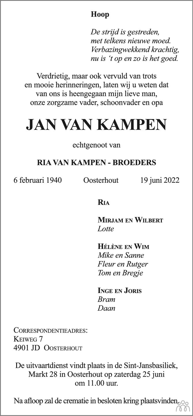 Overlijdensbericht van Jan van Kampen in BN DeStem