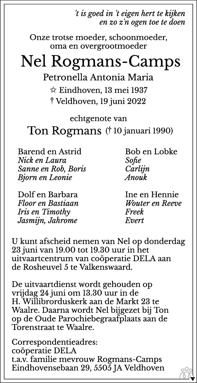 Overlijdensbericht van Nel (Petronella Antonia Maria)  Rogmans-Camps in Eindhovens Dagblad
