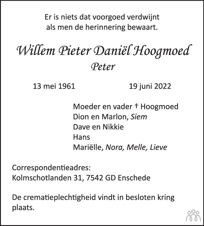 Overlijdensbericht van Willem Pieter Daniël (Peter) Hoogmoed in Tubantia