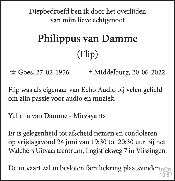 Overlijdensbericht van Philippus (Flip) van Damme in PZC Provinciale Zeeuwse Courant