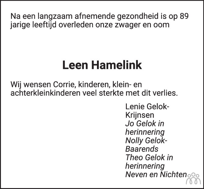 Overlijdensbericht van Leendert (Leen) Hamelink in PZC Provinciale Zeeuwse Courant