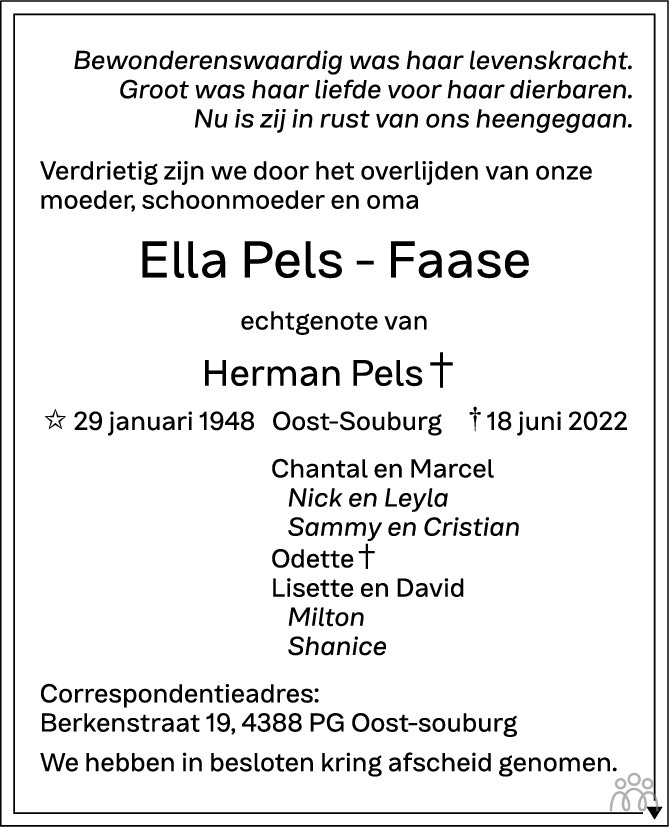 Overlijdensbericht van Ella Pels-Faase in PZC Provinciale Zeeuwse Courant