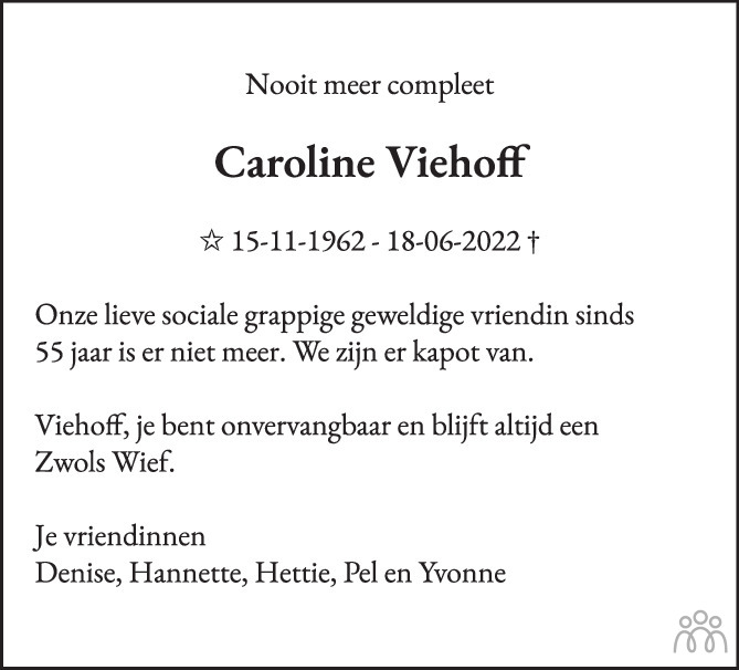 Overlijdensbericht van Caroline Maria (Caroline) Viehoff in Trouw