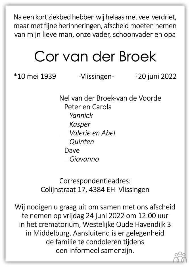 Overlijdensbericht van Cor van der Broek in PZC Provinciale Zeeuwse Courant