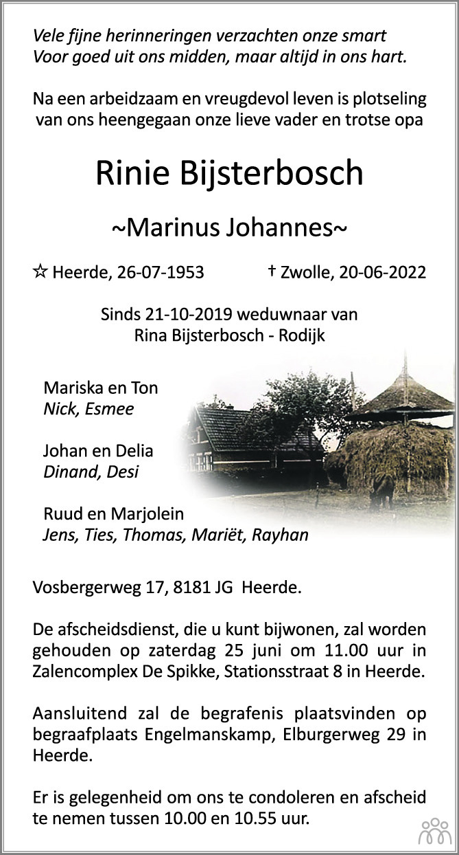 Overlijdensbericht van Rinie (Marinus Johannes) Bijsterbosch in de Stentor