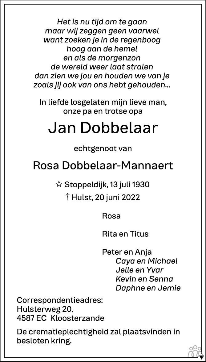 Overlijdensbericht van Jan Dobbelaar in PZC Provinciale Zeeuwse Courant
