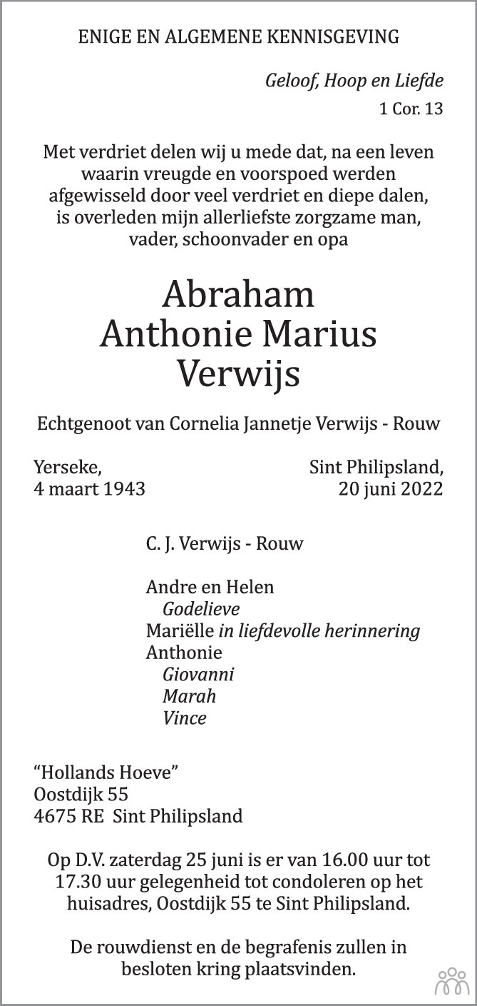 Overlijdensbericht van Abraham Anthonie Marius Verwijs in PZC Provinciale Zeeuwse Courant