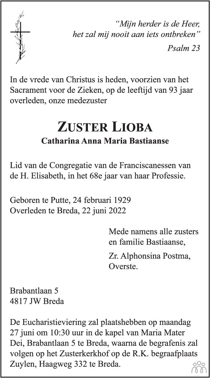Overlijdensbericht van Catharina Anna Maria (Zuster Lioba) Bastiaanse in BN DeStem