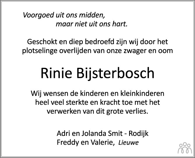 Overlijdensbericht van Rinie (Marinus Johannes) Bijsterbosch in de Stentor