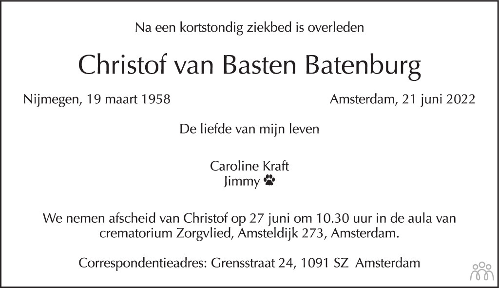 Overlijdensbericht van Christof van Basten Batenburg in de Volkskrant