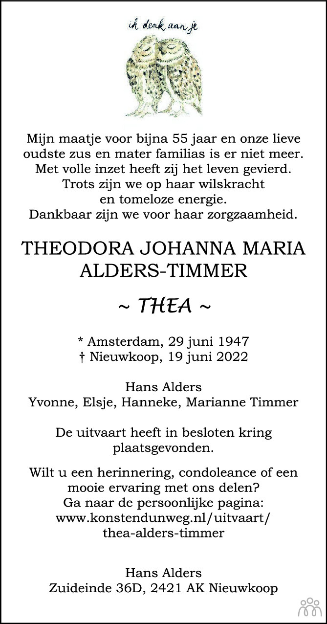 Overlijdensbericht van Theodora Johanna Maria (Thea)  Alders-Timmer in AD Algemeen Dagblad