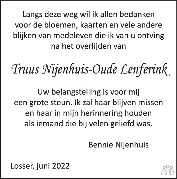 Overlijdensbericht van Truus Nijenhuis-Oude Lenferink in Tubantia