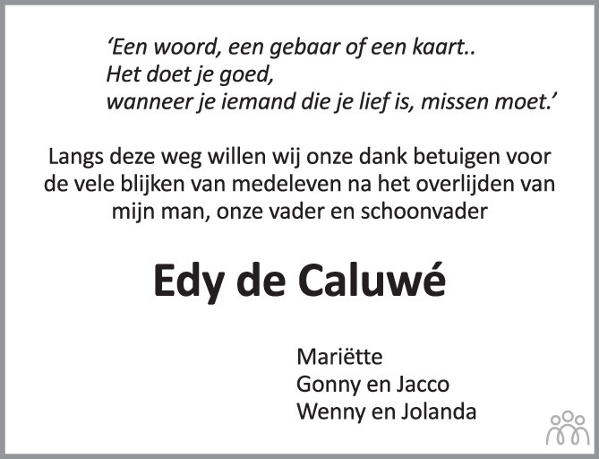 Overlijdensbericht van Edy (Egidius Sepherinus) de Caluwé in PZC Provinciale Zeeuwse Courant