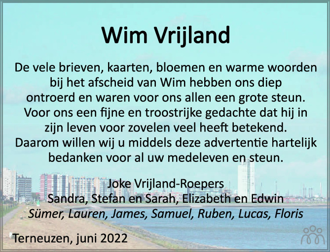 Overlijdensbericht van Wim (Wilhelm Cornelis) Vrijland in PZC Provinciale Zeeuwse Courant
