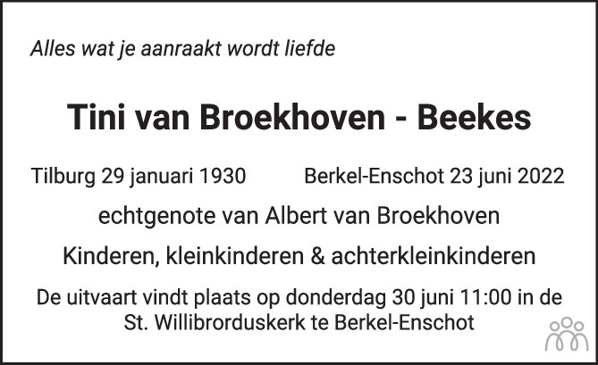 Overlijdensbericht van Tini van Broekhoven-Beeks in Brabants Dagblad