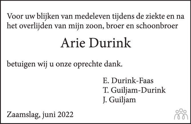 Overlijdensbericht van Arie Durink in PZC Provinciale Zeeuwse Courant
