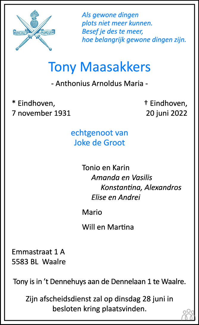 Overlijdensbericht van Tony (Anthonius Arnoldus Maria) Maasakkers in Eindhovens Dagblad