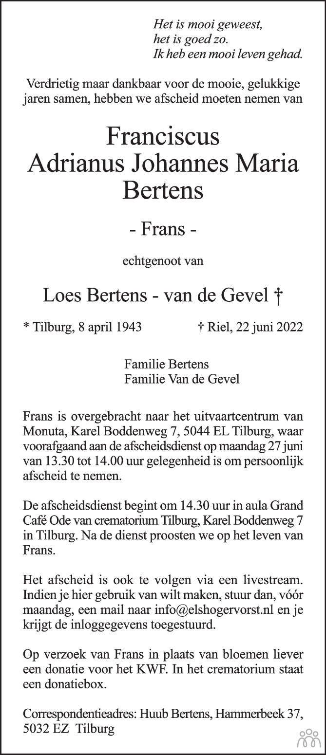 Overlijdensbericht van Frans (Franciscus Adrianus Johannes Maria) Bertens in Brabants Dagblad