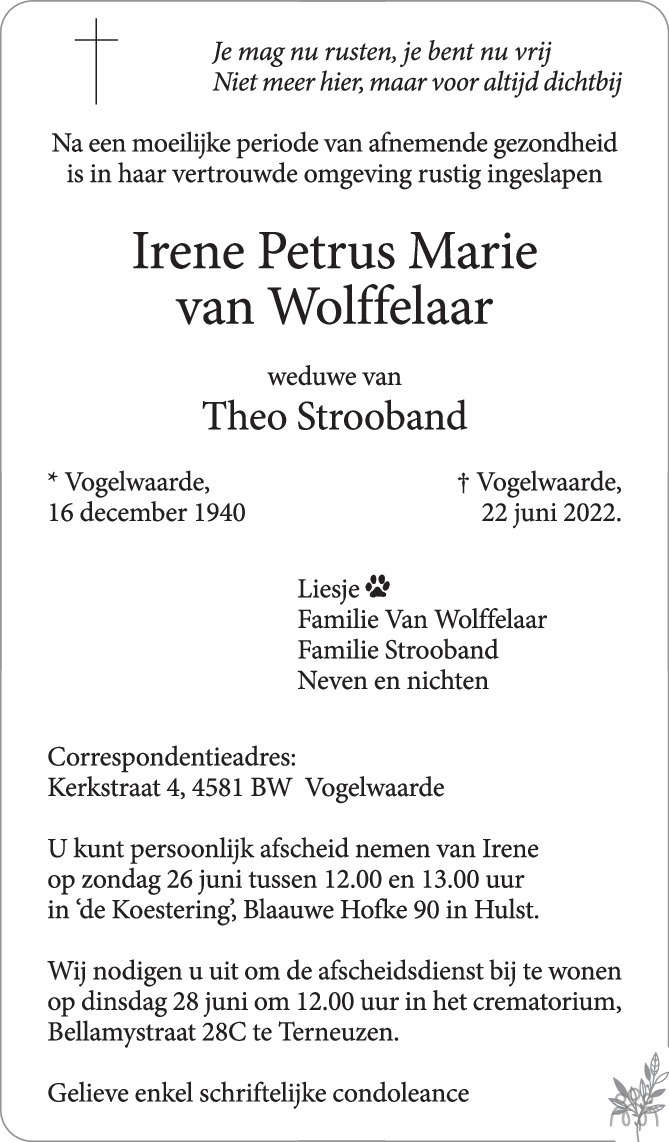 Overlijdensbericht van Irene Petrus Marie Strooband- van Wolffelaar in PZC Provinciale Zeeuwse Courant