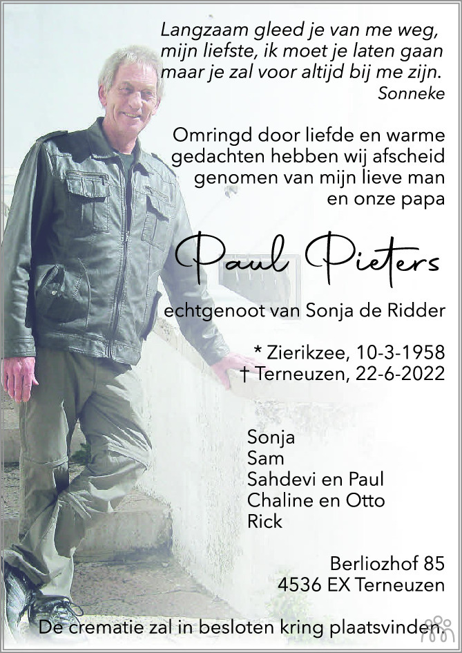 Overlijdensbericht van Paul Pieters in PZC Provinciale Zeeuwse Courant
