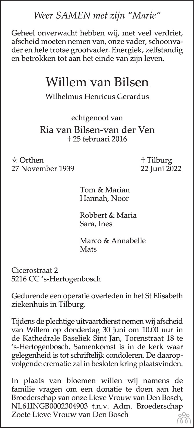 Overlijdensbericht van Willem (Wilhelmus Henricus Gerardus) van Bilsen in Brabants Dagblad