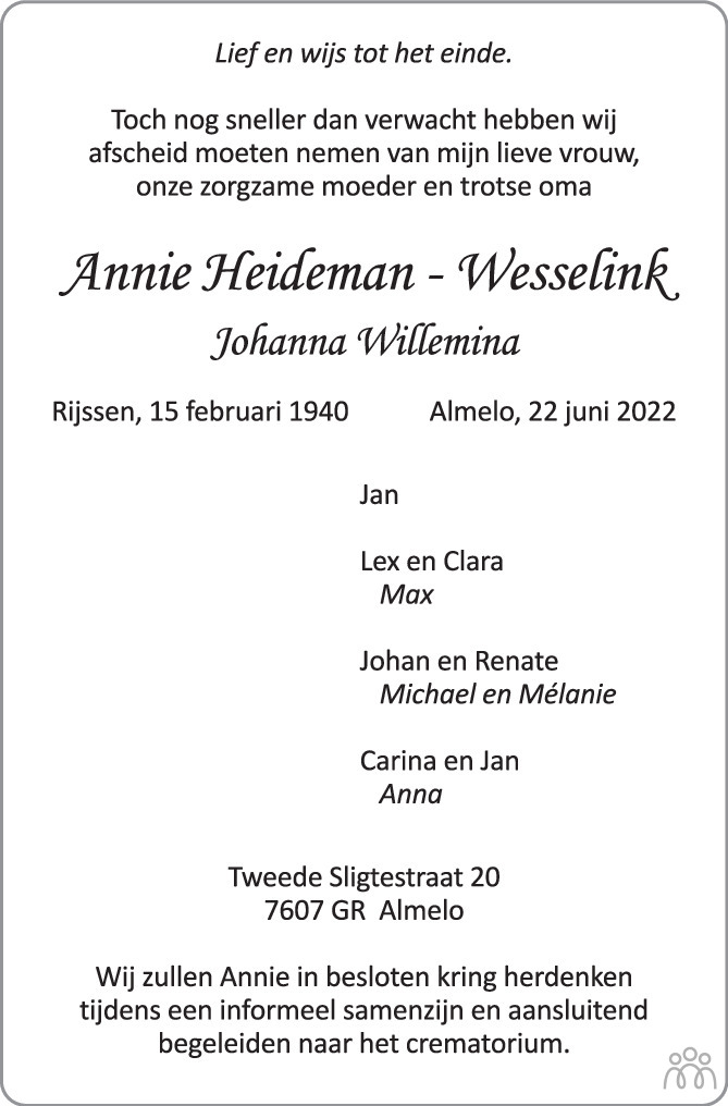 Overlijdensbericht van Annie (Johanna Wilhelmina)  Heideman-Wesselink in Tubantia