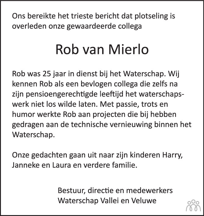 Overlijdensbericht van Rob van Mierlo in de Stentor