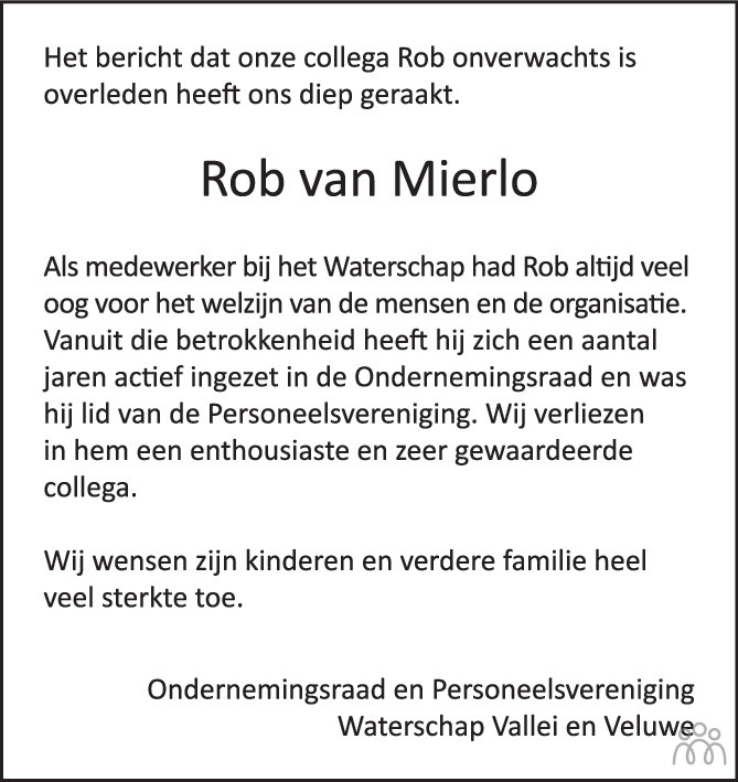 Overlijdensbericht van Rob van Mierlo in de Stentor