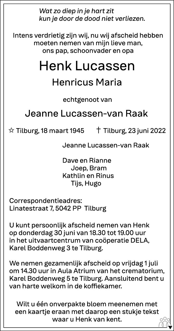 Overlijdensbericht van Henk (Henricus Maria) Lucassen in Brabants Dagblad