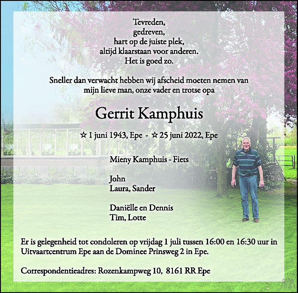 Overlijdensbericht van Gerrit Kamphuis in de Stentor
