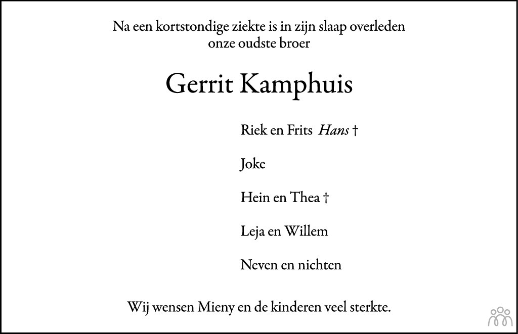 Overlijdensbericht van Gerrit Kamphuis in de Stentor