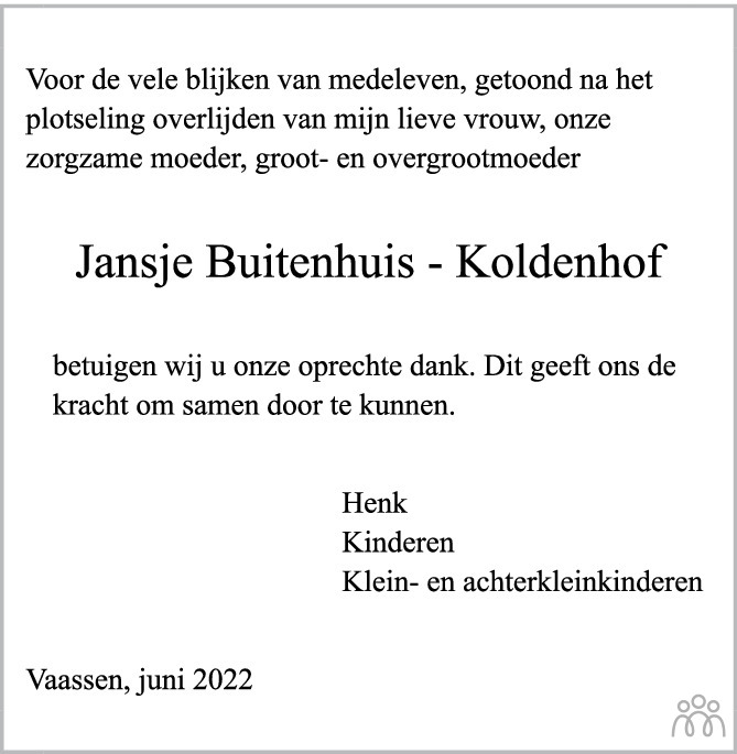Overlijdensbericht van Jansje Buitenhuis-Koldenhof in de Stentor