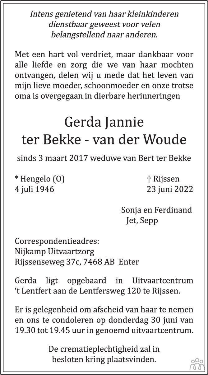 Overlijdensbericht van Gerda Jannie ter Bekke-van der Woude in Tubantia