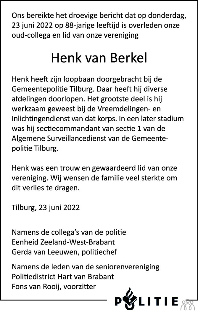 Overlijdensbericht van Henk van Berkel in Brabants Dagblad