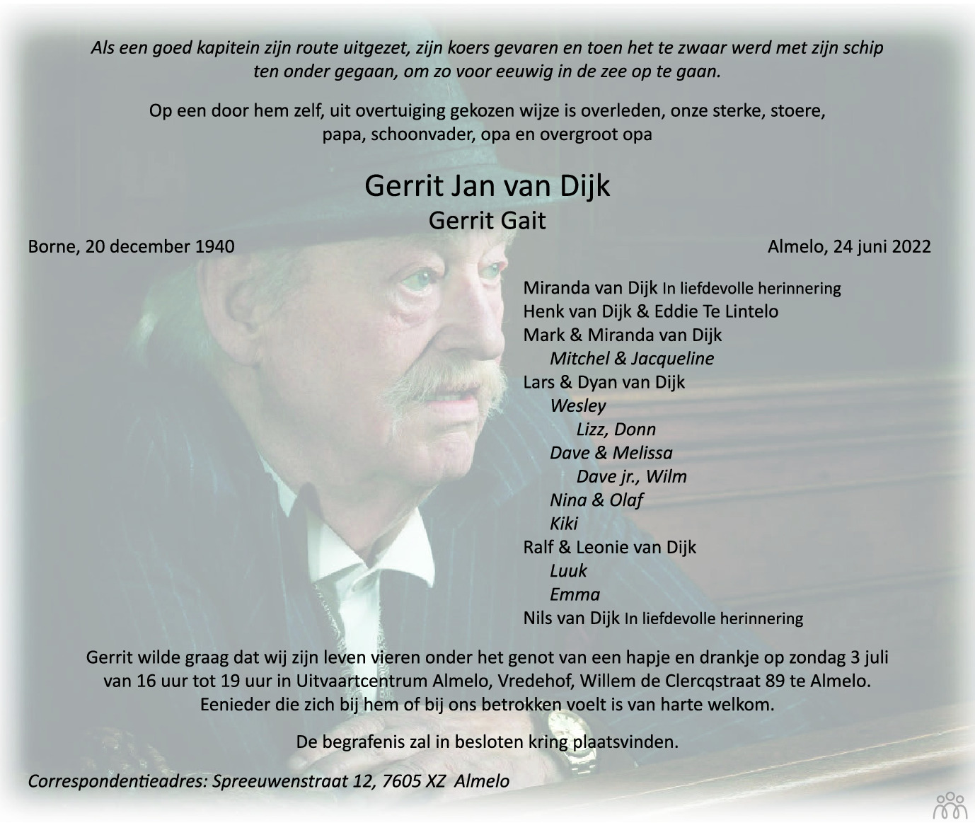 Overlijdensbericht van Gerrit van Dijk in Tubantia