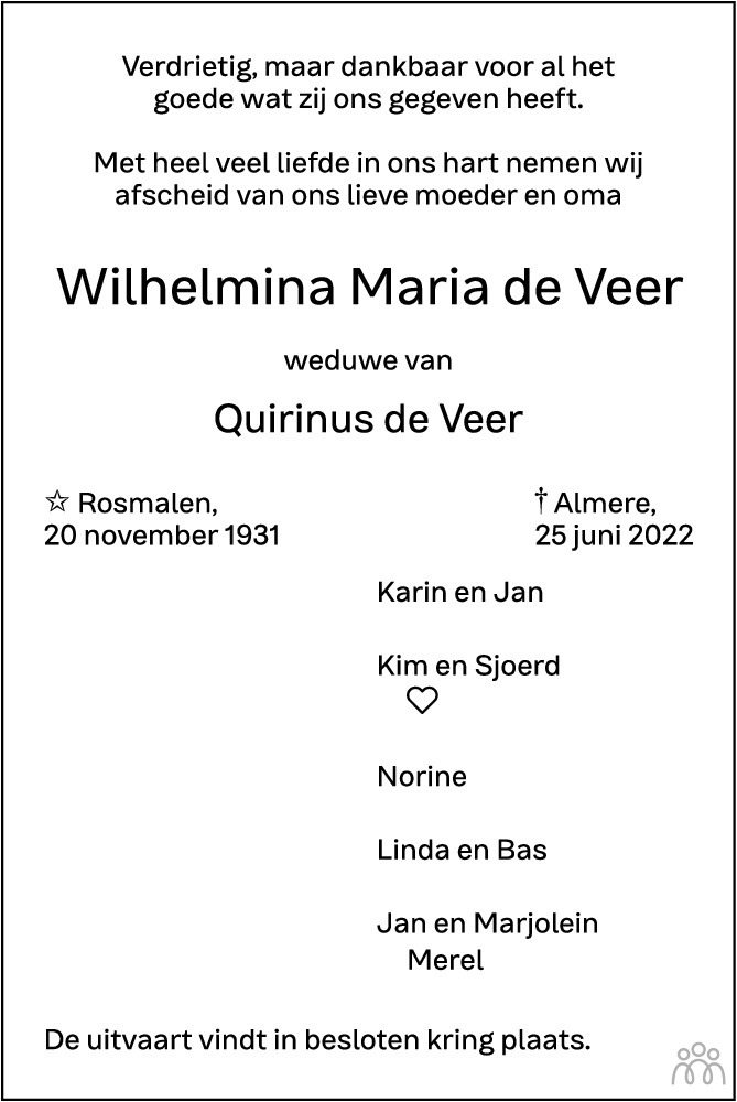 Overlijdensbericht van Wilhelmina María de Veer in Brabants Dagblad