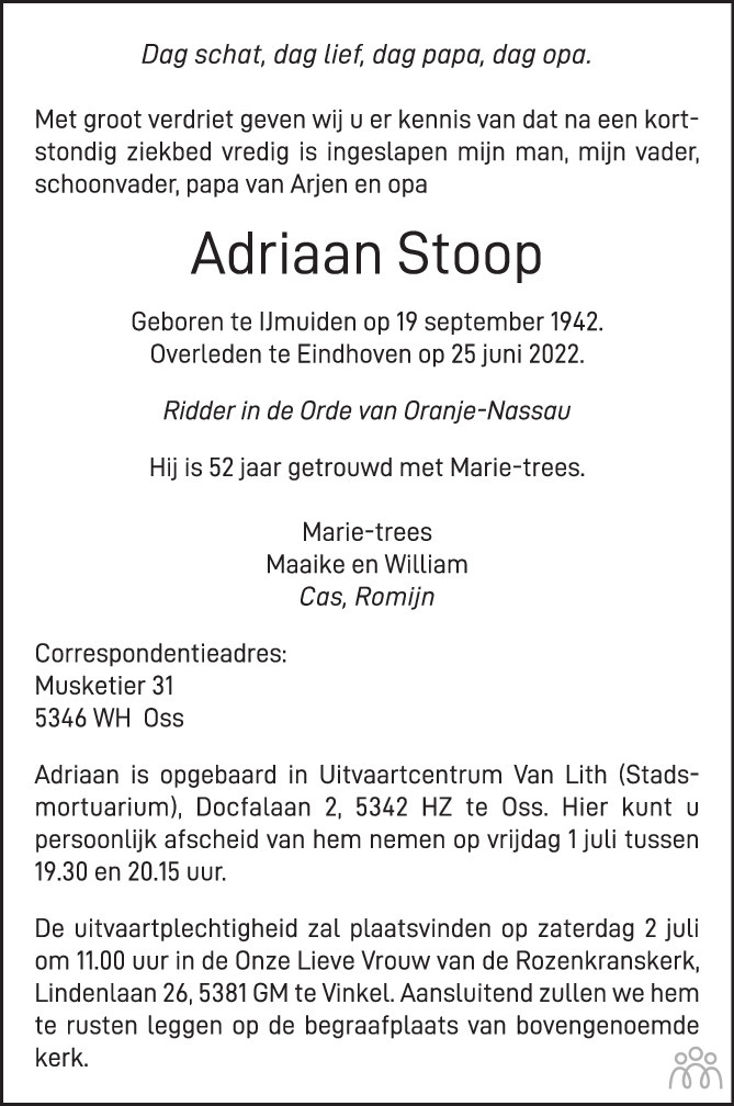 Overlijdensbericht van Adriaan Stoop in Brabants Dagblad