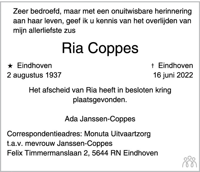 Overlijdensbericht van Ria Coppes in Eindhovens Dagblad