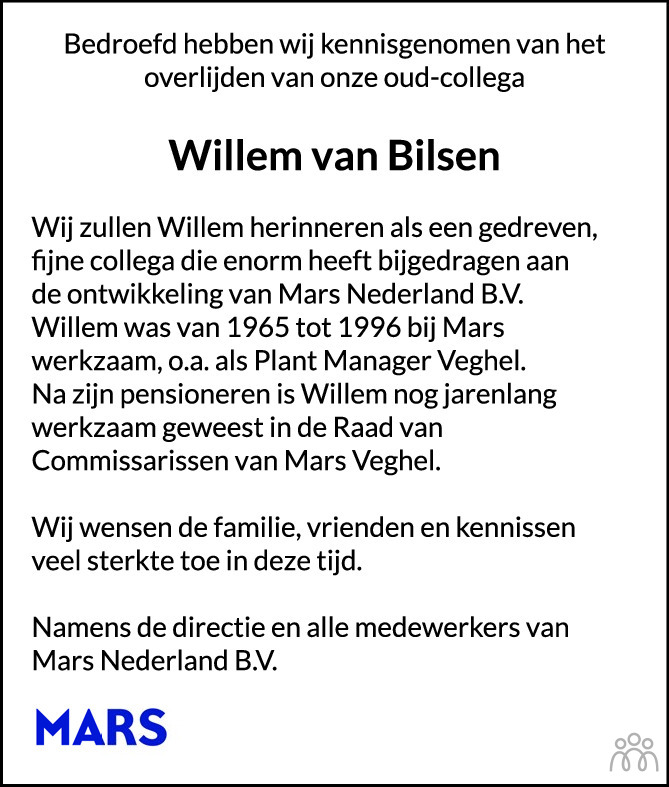 Overlijdensbericht van Willem (Wilhelmus Henricus Gerardus) van Bilsen in Brabants Dagblad